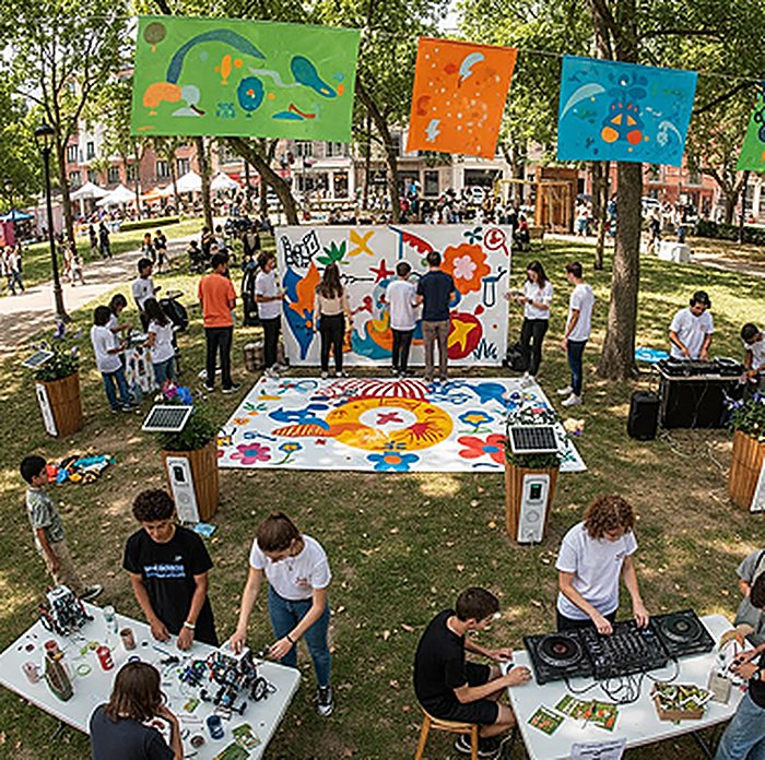 Community members painting a mural together
